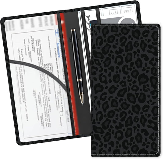 Leather Car Registration and Insurance Card Holder, Cute Car Accessories Vehicle Glove Box Car Organizer for Documents, Cards, License Luxury Black Leopard