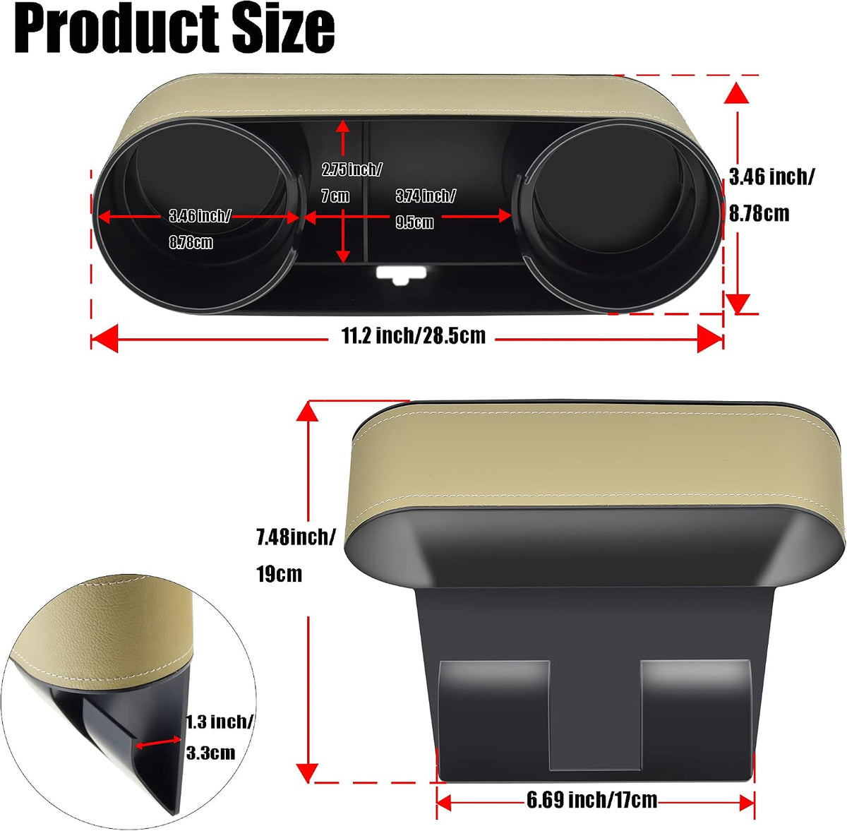 IOKONE Car Cup Holder, Auto Front Seat Organizer, Multifunctional Cup Drink Holders with PU Leather Cover, Gap Filler Storage Box Coin Bucket Console Side Pocket Cell Mobile Phone Holder(Slim-Beige)