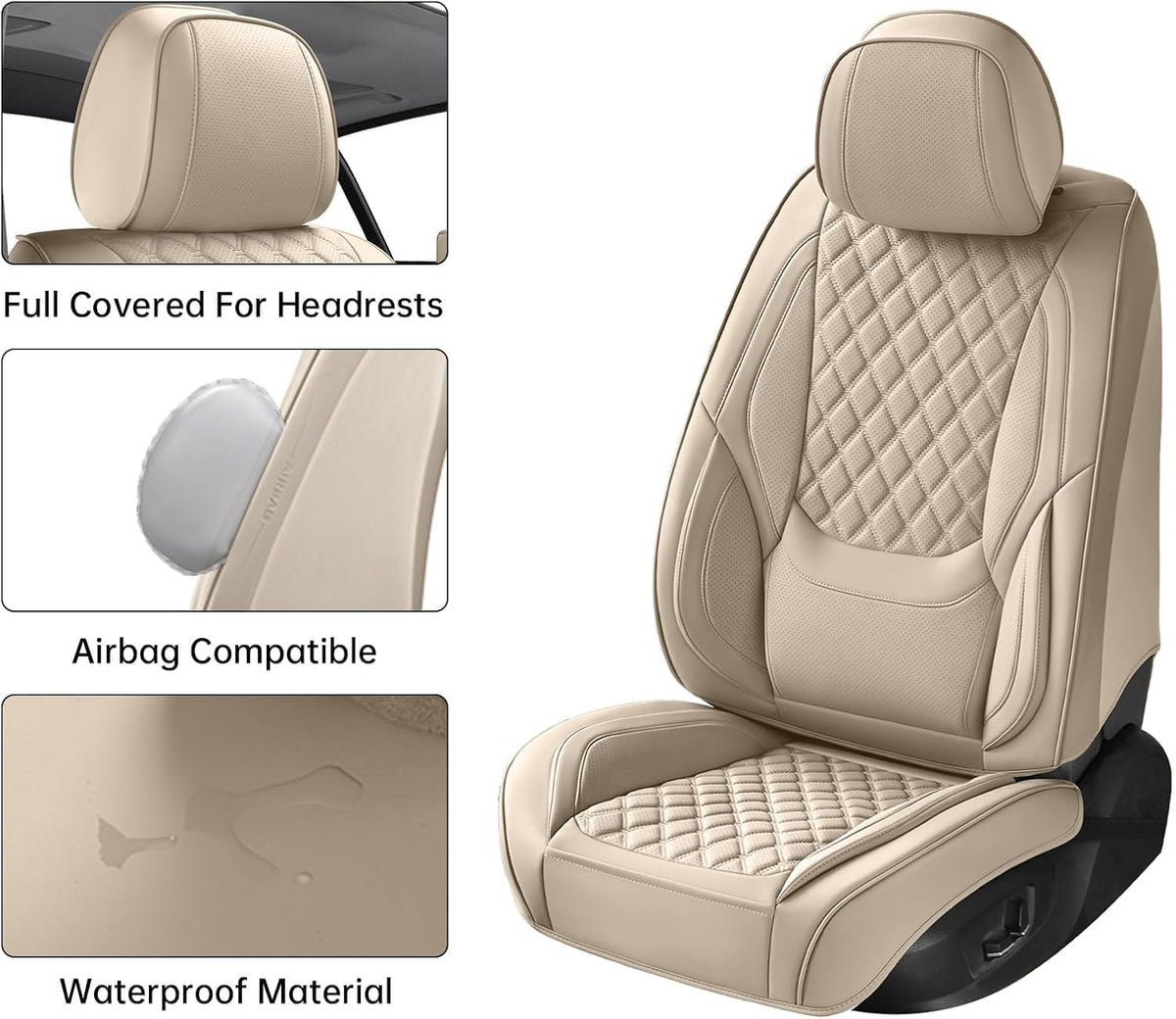 Car Seat Covers Full Set,5 Seat Leather Seat Covers for Cars,Front Seats and Back Seat Cover,Waterproof Car Seat Cushion Protectors,Universal Fit for Most Cars SUV Trucks (Beige, Full Set)