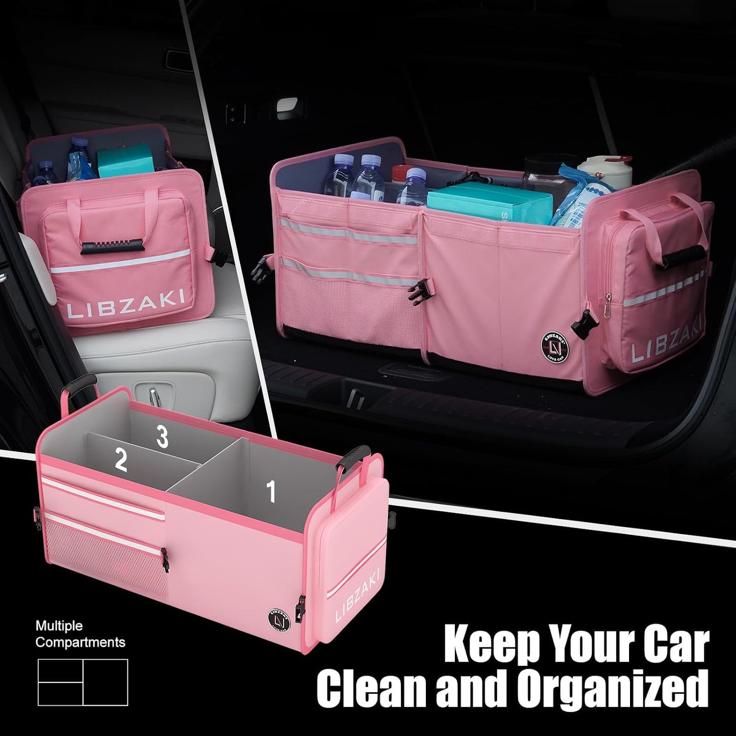 LIBZAKI Car Trunk Storage Organizer, Multi Compartment Collapsible Trunk Storage Box for Car Truck SUV-Pink