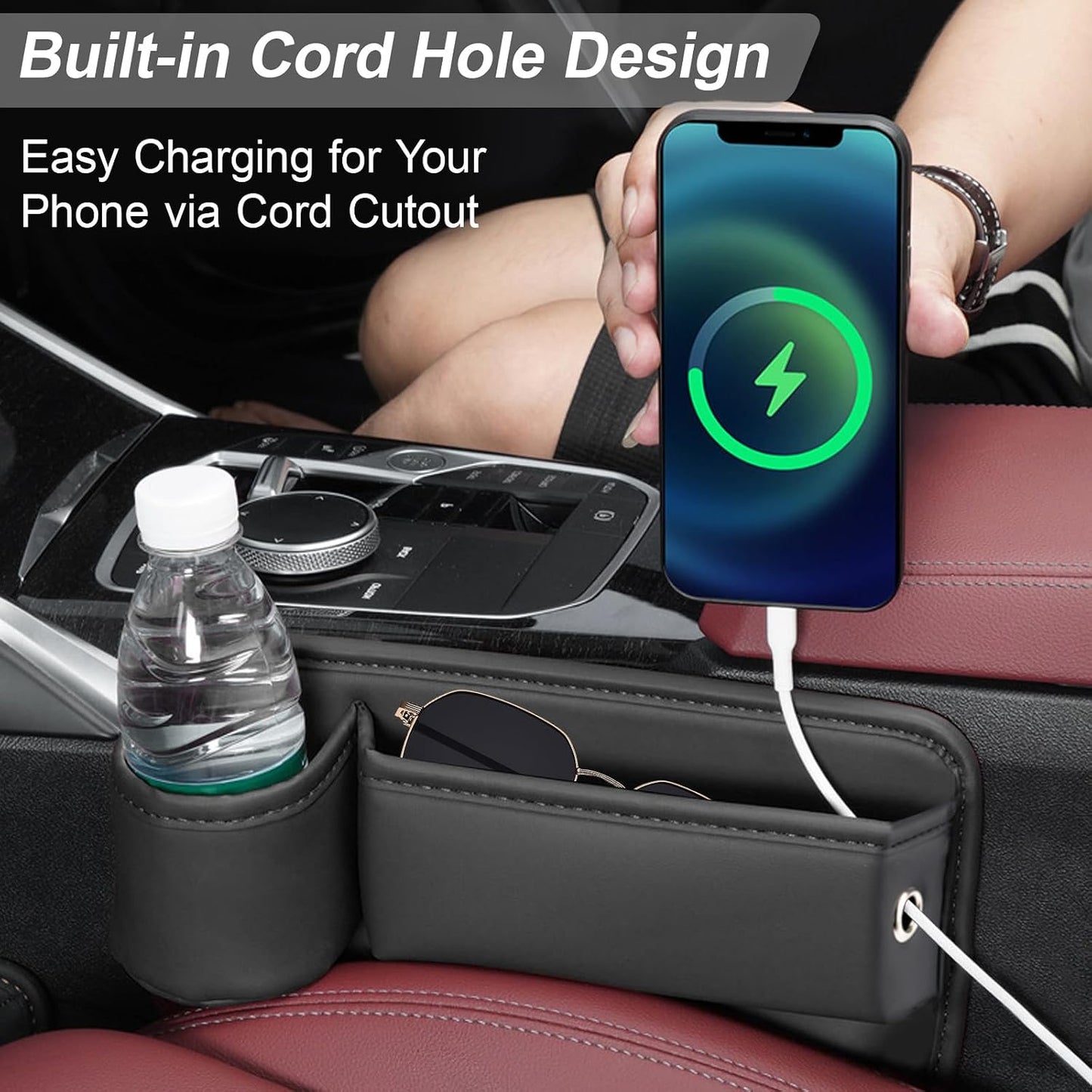 TPQKA Car Seat Gap Filler with Cup Holder (2-Pack) for Driver & Passenger Side, PU Leather Seat Gap Plug Organizer for Phones Keys Cards, Universal Fit for Cars SUVs Trucks, Black