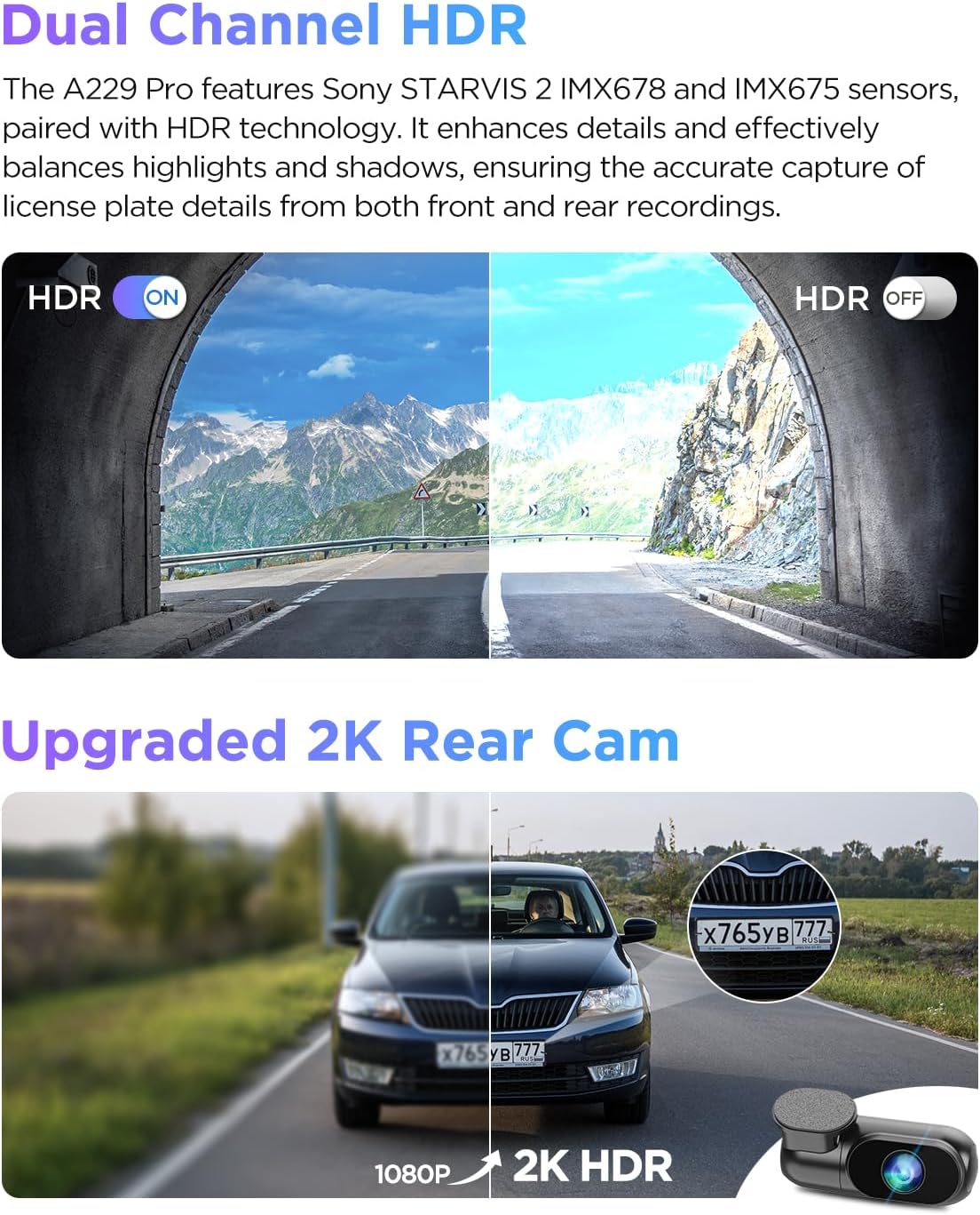 VIOFO A229 Pro 4K HDR Dash Cam Front and Rear, Dual STARVIS 2 Sensors