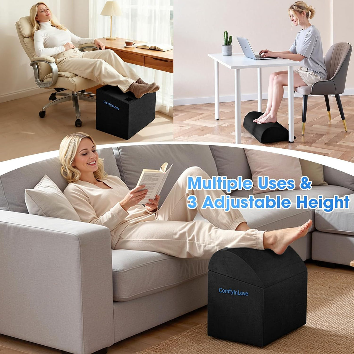 Foot Rest for Under Desk with 3 Heights, Foot Stool, Black