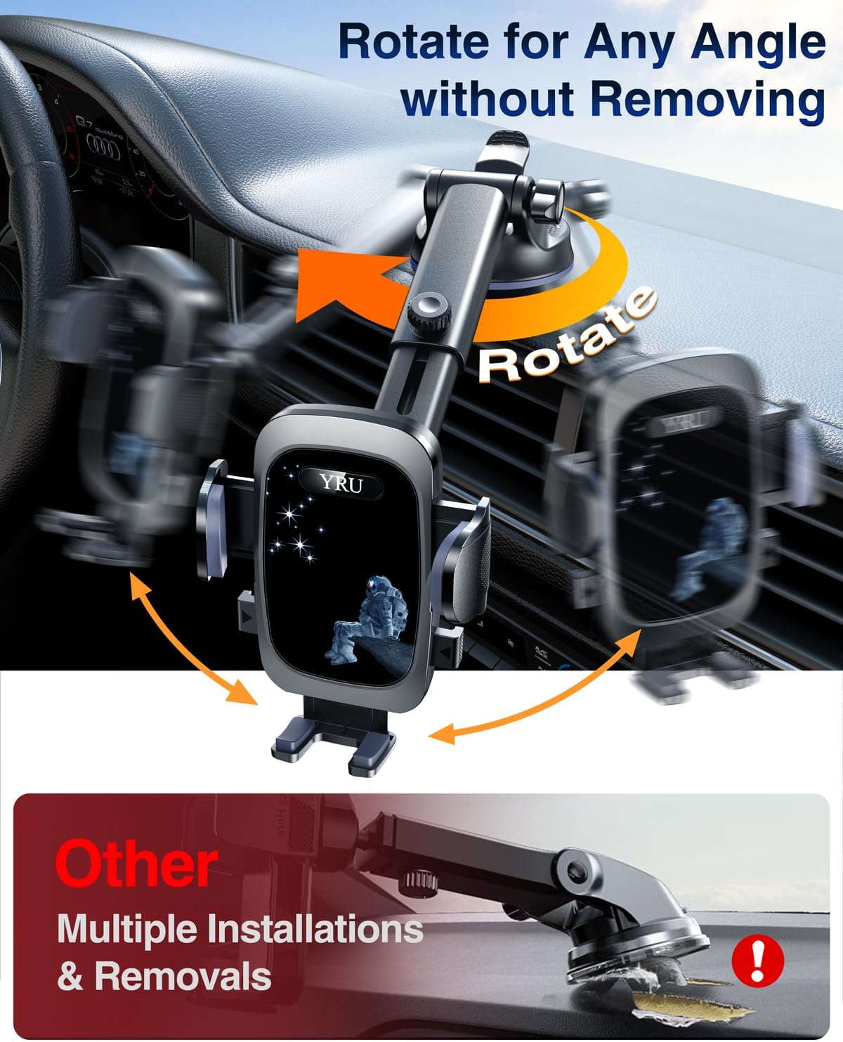 YRU True Military-Grade 360°Rotation Suction 2026 Ultimate Car Phone Holder