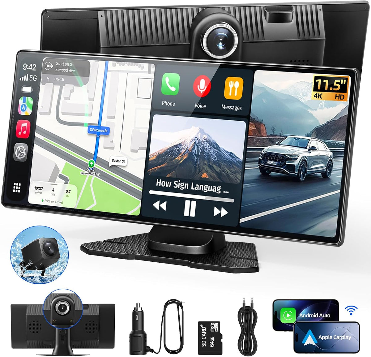 11.5-Inch Larger Wireless Apple CarPlay Screen, Android Auto, 4K Dash Cam