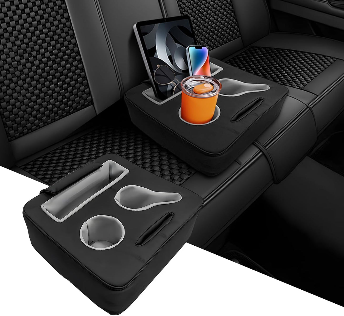 Sun Walker Back Seat Cup Holder for Car, Waterproof Rear Seat Organizer Expander Tray to Store Phone Drink Snack, Universal Leather Cup Holder Pillow for Truck RV Boat Sofa Bed (Black)