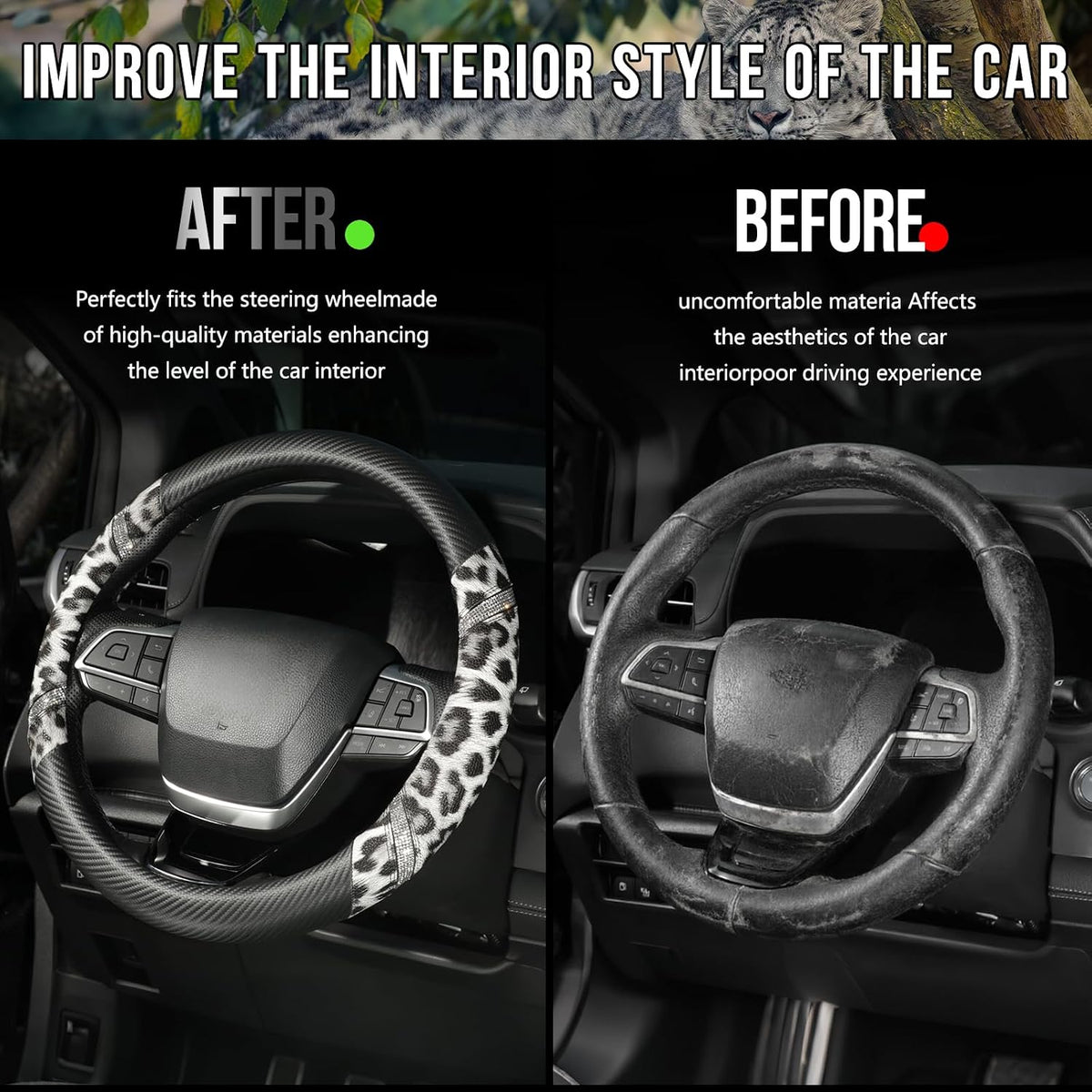 Rhinestones Leopard Leather Car Steering Wheel Cover-Black&White
