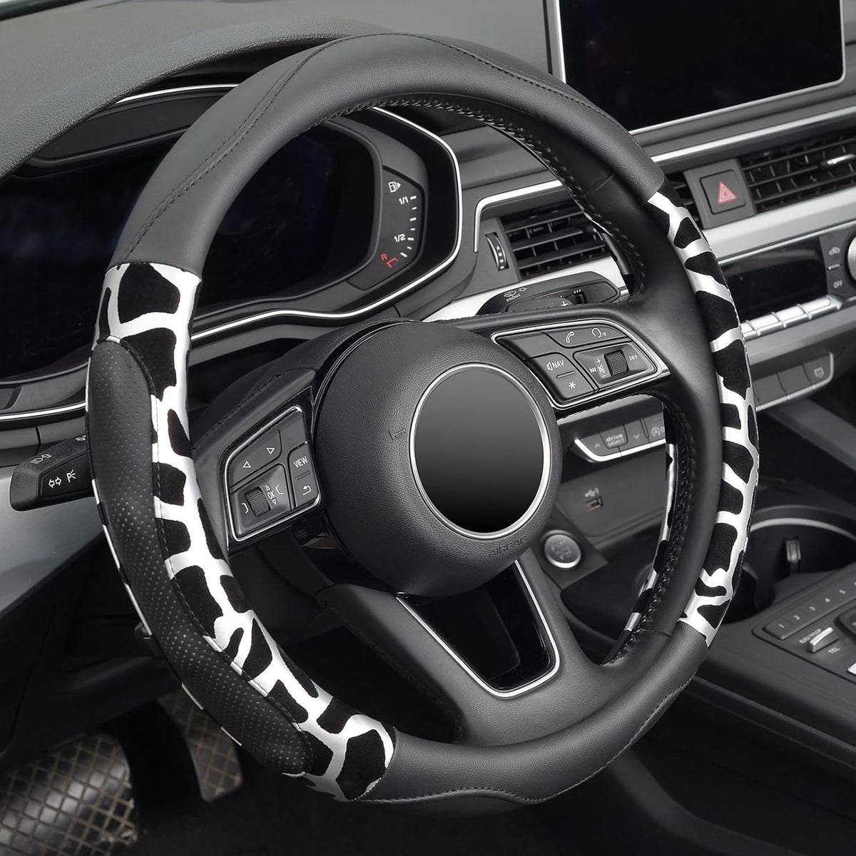 ZHOL Cow Print Steering Wheel Cover, Universal Fit 14.5-15 inch Premium Microfiber Leather Steering Wheel Protector for Cars/Trucks/SUVs, Non-Slip, Heat-Resistant, Easy Install, Black