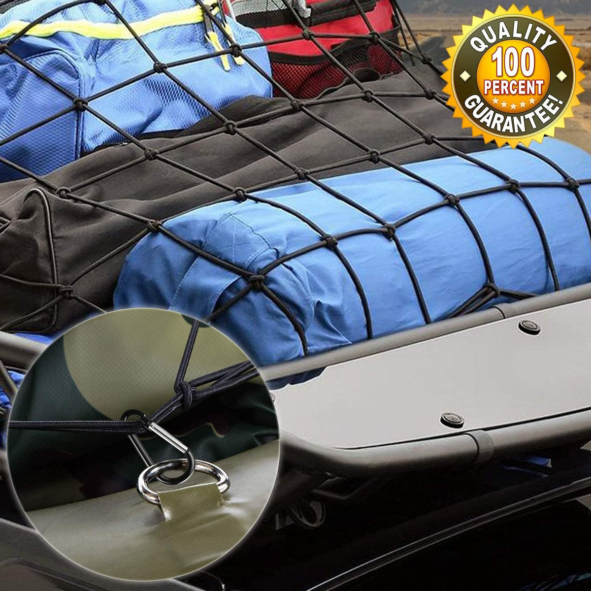 Natural Latex Core Cargo Net for Car SUV Roof Rack | 3'x4' Stretches to 6'x8' Small Bungee Net for Pickup Bed | 12 Carabiners + 12 Hooks | Tight 4”x4” Mesh for Ford, Dodge, Chevy, Toyota