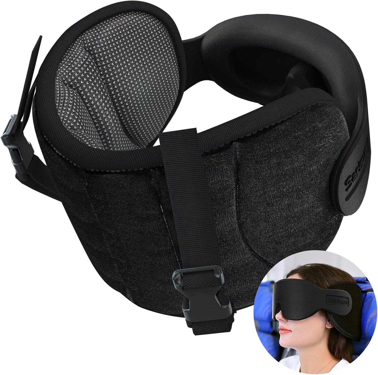 SARISUN Travel Pillows for Airplanes, Airplane Pillow for Long Flight Car Road Trip, Airplane Head Strap with Sleep Eye Mask, 360° Support Headrest, Stop Bobblehead Travel Neck Pillow, Mottled Black