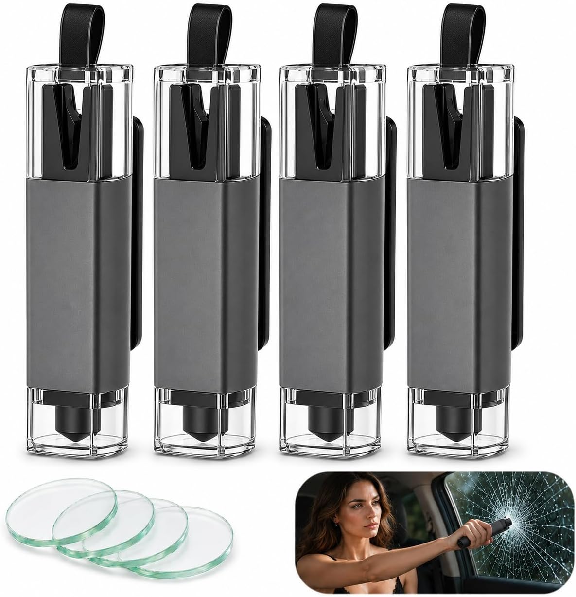 Window Breaker Seatbelt Cutter, Spring-Loaded Car Escape Tool, 4 Pack
