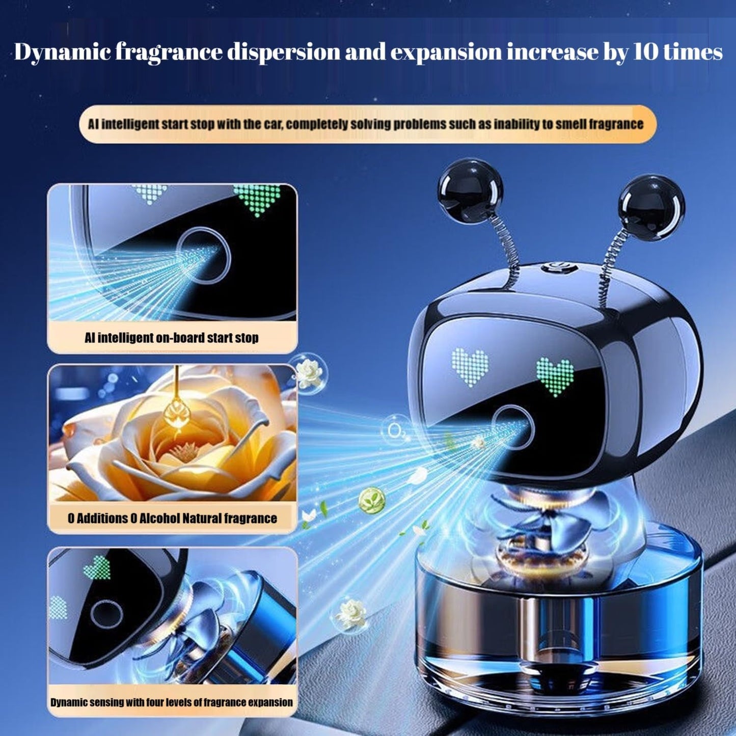 Robot Intelligent Aromatherapy Machine, Smart Cute Robot Car Air Freshener - Fine Spray/Fillable/Four-Gear Adjustment/Vibration Sensing/On-Off/Large Capacity Long-Lasting Fragrance/Black-V2(Cologne)