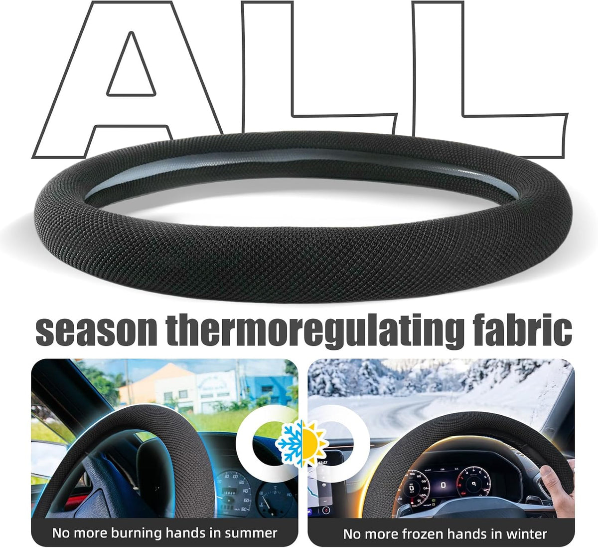 15 Inch Black Silicone Steering Wheel Cover Thermoregulating for All-Season
