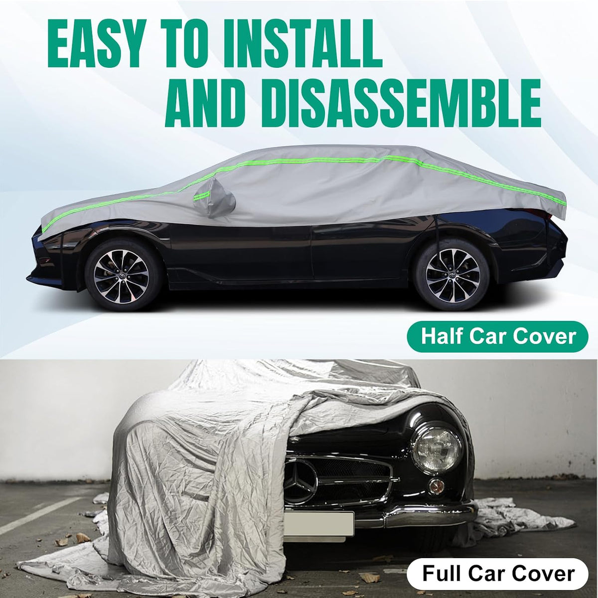Half Car Cover Sedan with Green Reflective Strip, Hail Protector Car Cover with Cotton Liner, Sunroof & Windshield Cover for Ice and Snow, All Weather Car Body Cover for Sun, Rain, Dust