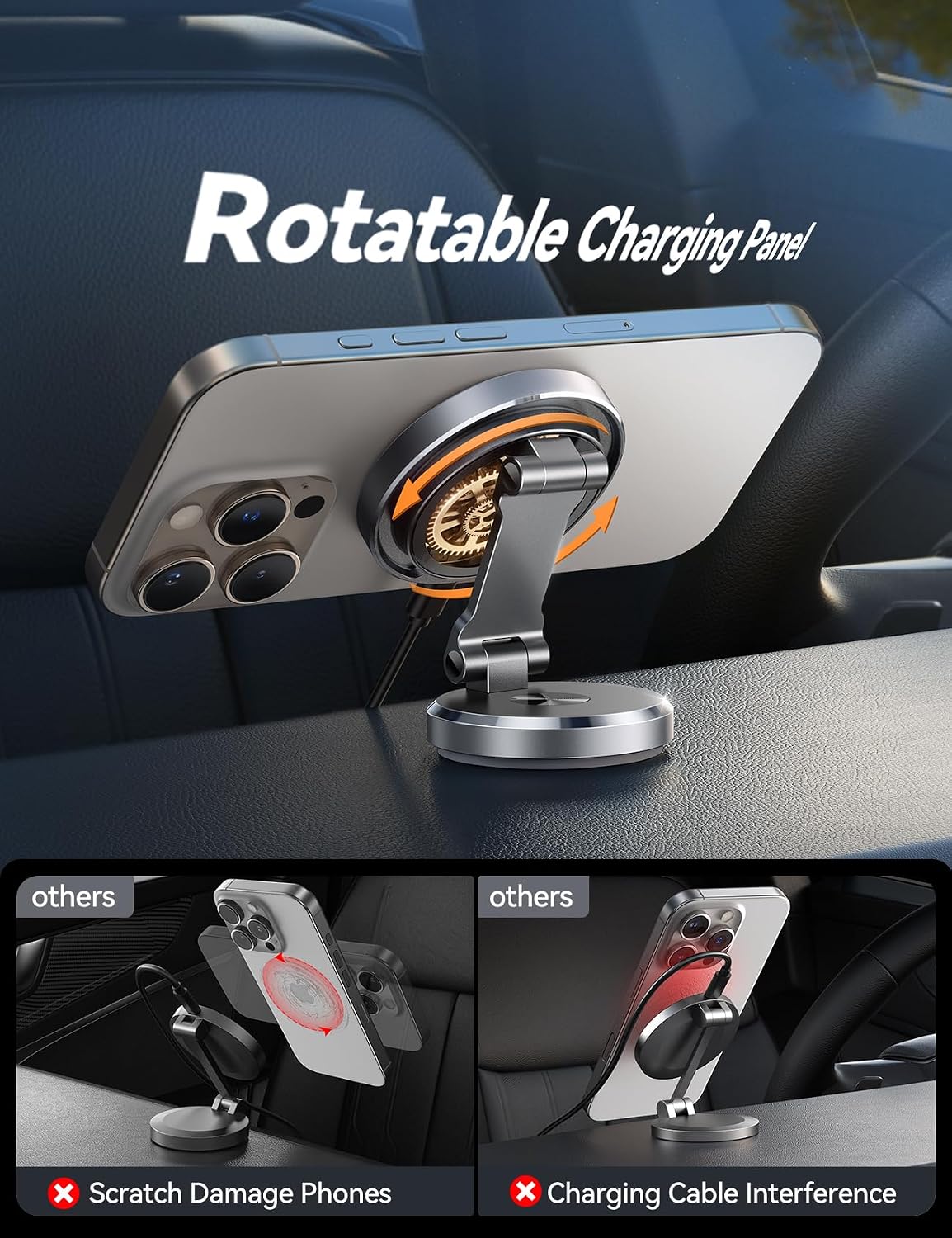 MagSafe Car Mount Charger with 360° Rotatable Charging Panel & Base, Silver