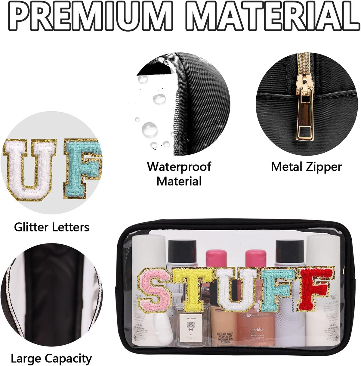 Iqimott Clear Patch Makeup Bag Stuff Pouch, Preppy Personalized Chenille Letter Cosmetic Pouch for Travel, Nylon Waterproof Organizer Travel Essentials Zipper Toiletry Bags for Women Girls(Black)