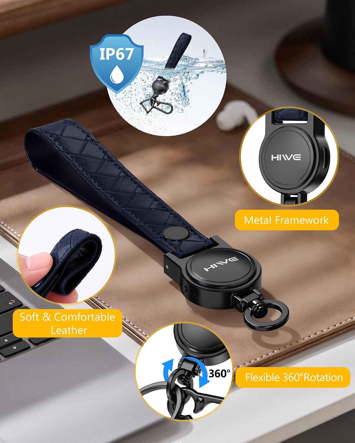 HiWe Anti-Lost Keychain, Works with Apple Find My, Carabiner Car Key Holder with Texture Leather Strap, Bluetooth Key Finder Tracker, USB-C Rechargeable, Navy Blue