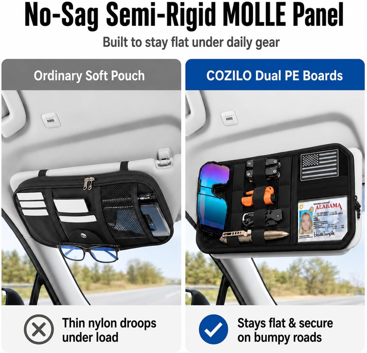 MOLLE Car Sun Visor Organizer, Semi-Rigid No-Sag Panel with Zipper Pouch, Glasses Clip & ID Slot, Tactical Visor Storage for Trucks SUVs Cars