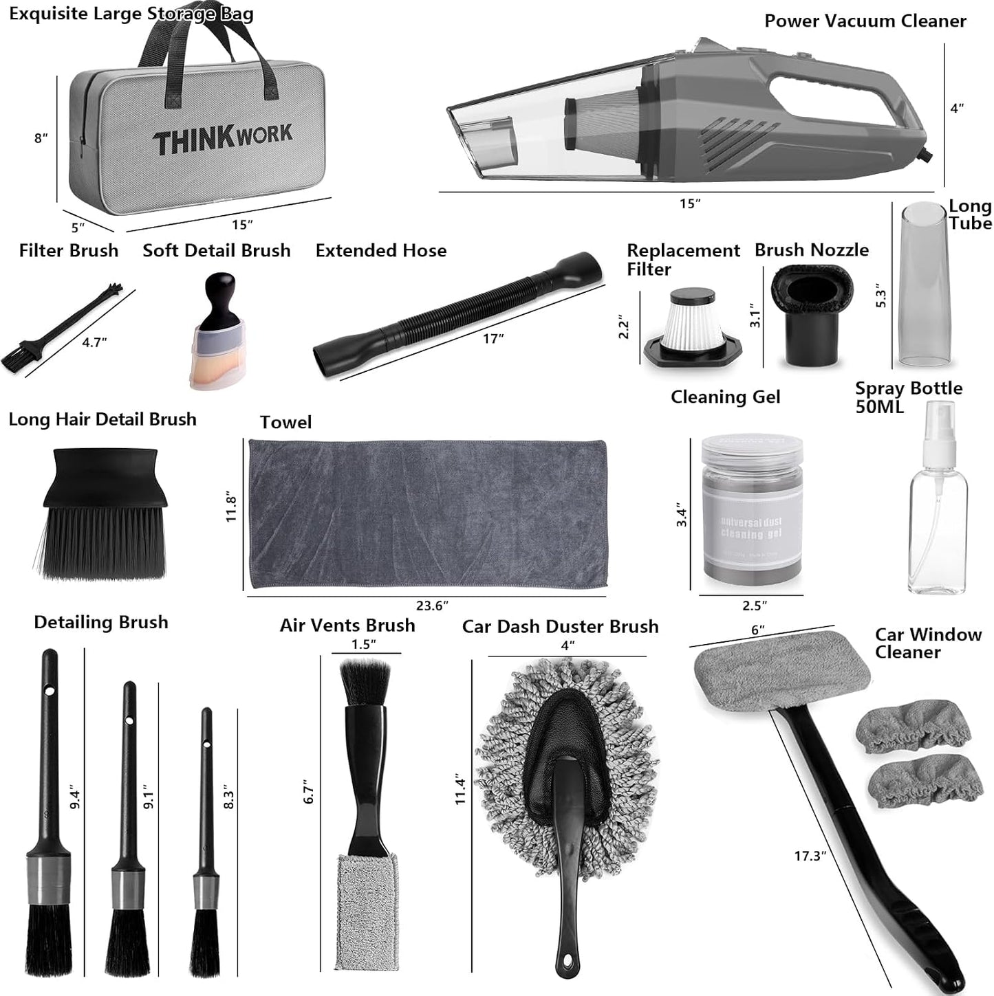 THINKWORK Car Cleaning Kit, Car Vacuum Kit, Gray Car Interior Detailing Kit with 8000PA High Power Vacuum, Including 7Pcs Detailing Brush Set and Bag