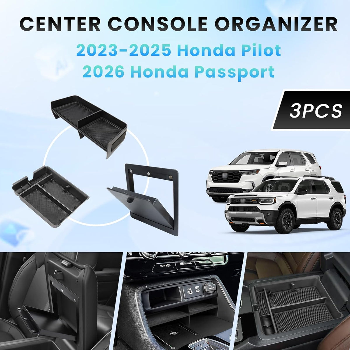 3PCS Center Console Organizer for 2023-2026 Honda Pilot/26 Passport