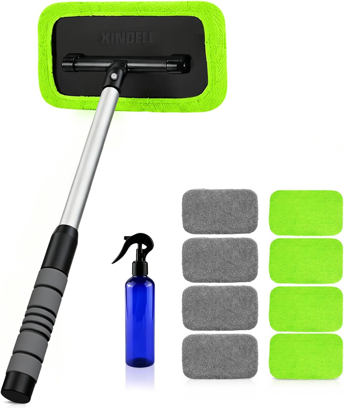 XINDELL Interior Windshield Cleaner Tool – Car Window Cleaning Tool Extendable Handle for Easy Cleaning, 9pcs Reusable Microfiber Pads, Streak-Free Interior & Exterior Auto Glass Cleaner