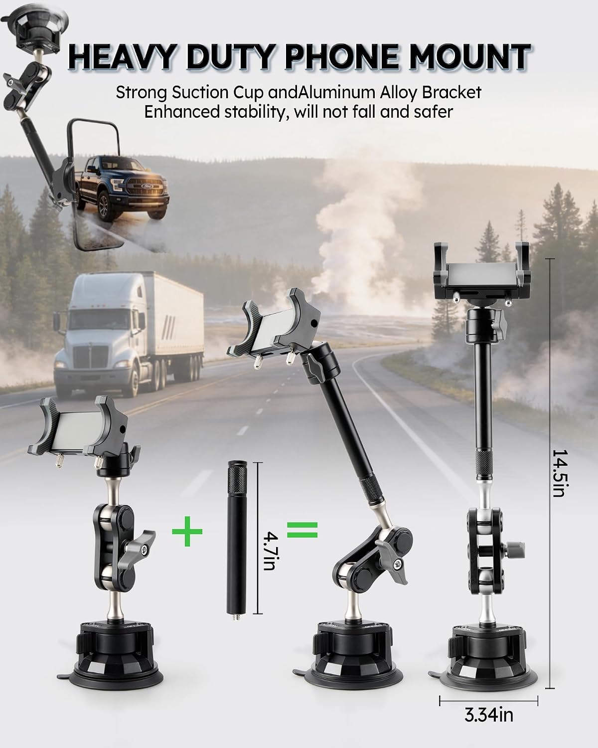 Semi Truck Phone Mount for Drivers, 360° Anti-Shake with Extension Rod