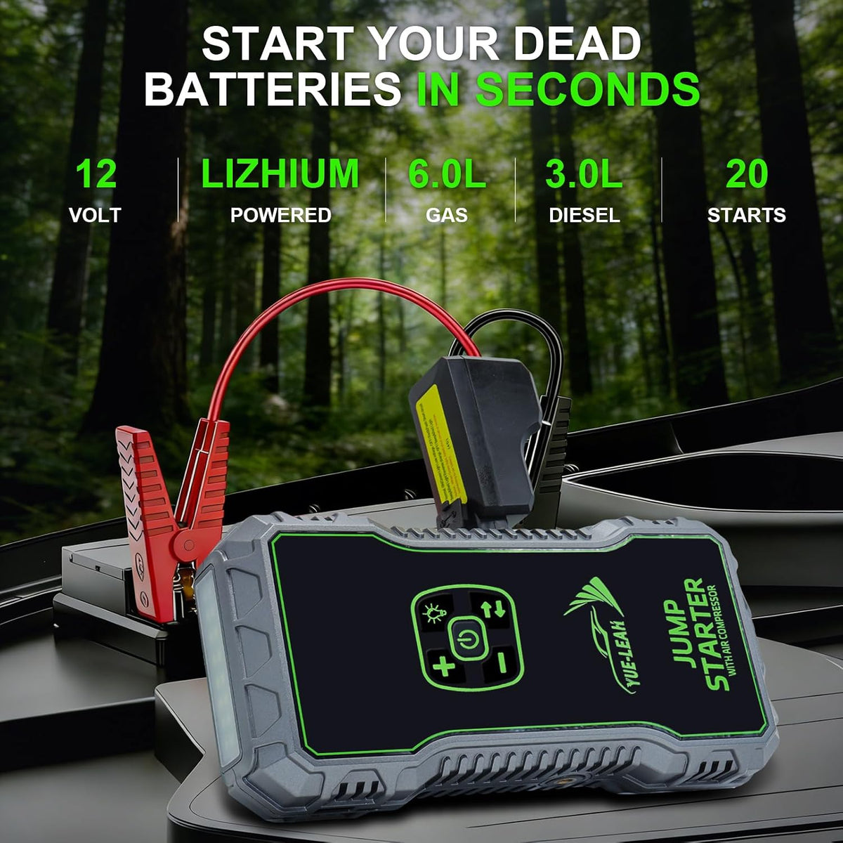 K10A 1000A Jump Starter, Portable Car Battery Jump Starter with Air Compressor, 12V Lithium Battery Booster Pack, Power Bank & Jumper Cables for 6.0L Gas & 3.0L Diesel Engines