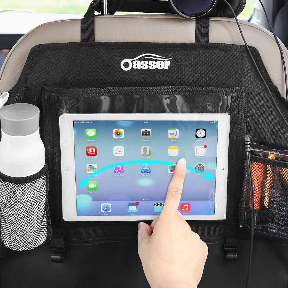 Oasser Seat Back Protector Kick Mats Backseat Car Organizers | 2 Pack, 1 Tissue Box, 12.9" Touch Screen Tablet Holder, Large Back of Seat Protector and Storage for Kids, 8 Pockets, Black