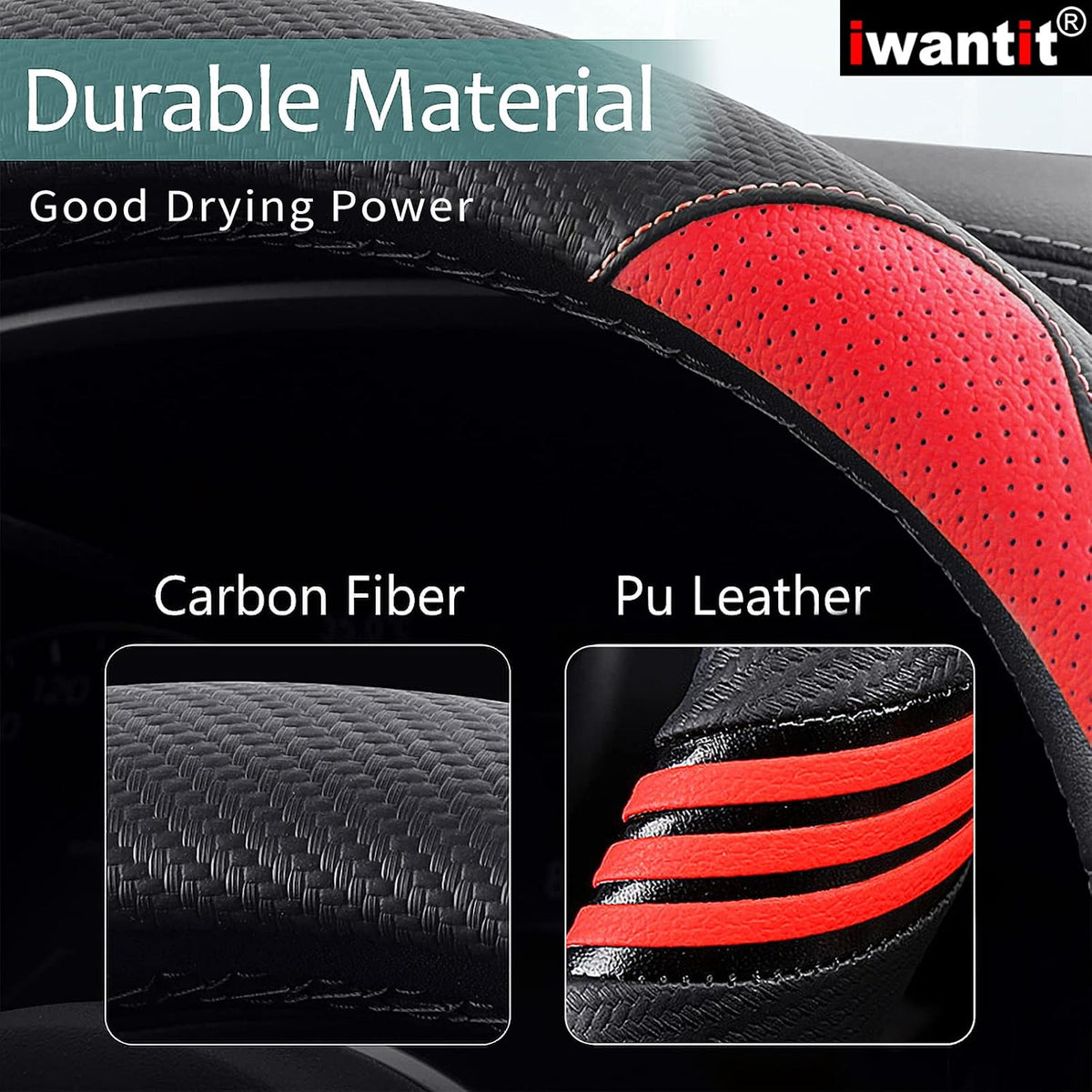 Iwantit® Premium Grip Steering Wheel Cover with Anti-Slip Rubber Ring, Made of Carbon Fiber & Breathable PU Leather, Universal Fit for 14.5-15 Inch Car and SUV (Passion Red)
