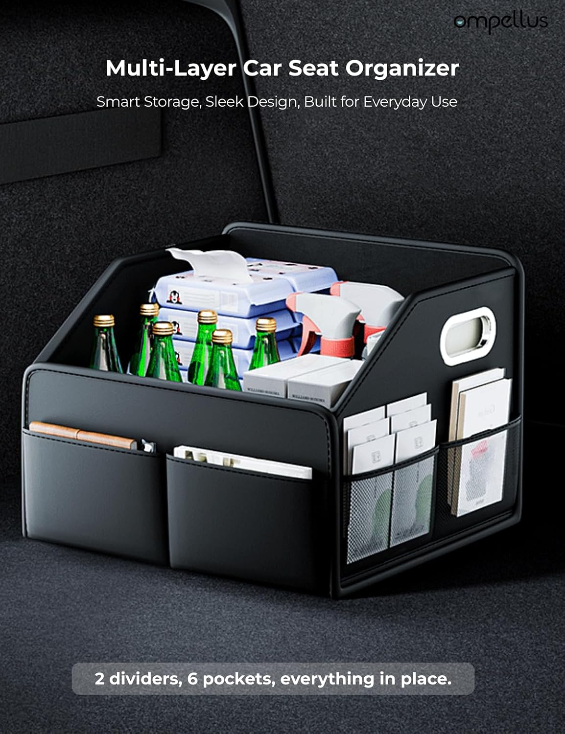Car Seat Organizer, Collapsible, Black | Multi-Layer Storage, Metal Handles, Upgraded Anti-slip Rear Strap,Premium PU leather,Foldable &amp; Versatile