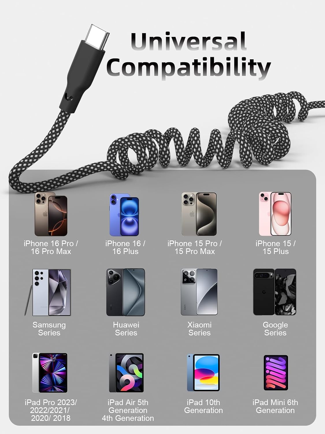 Quickeep Car Carplay Cable 2Pack Coiled USB A to USB C Fast Charge Cord