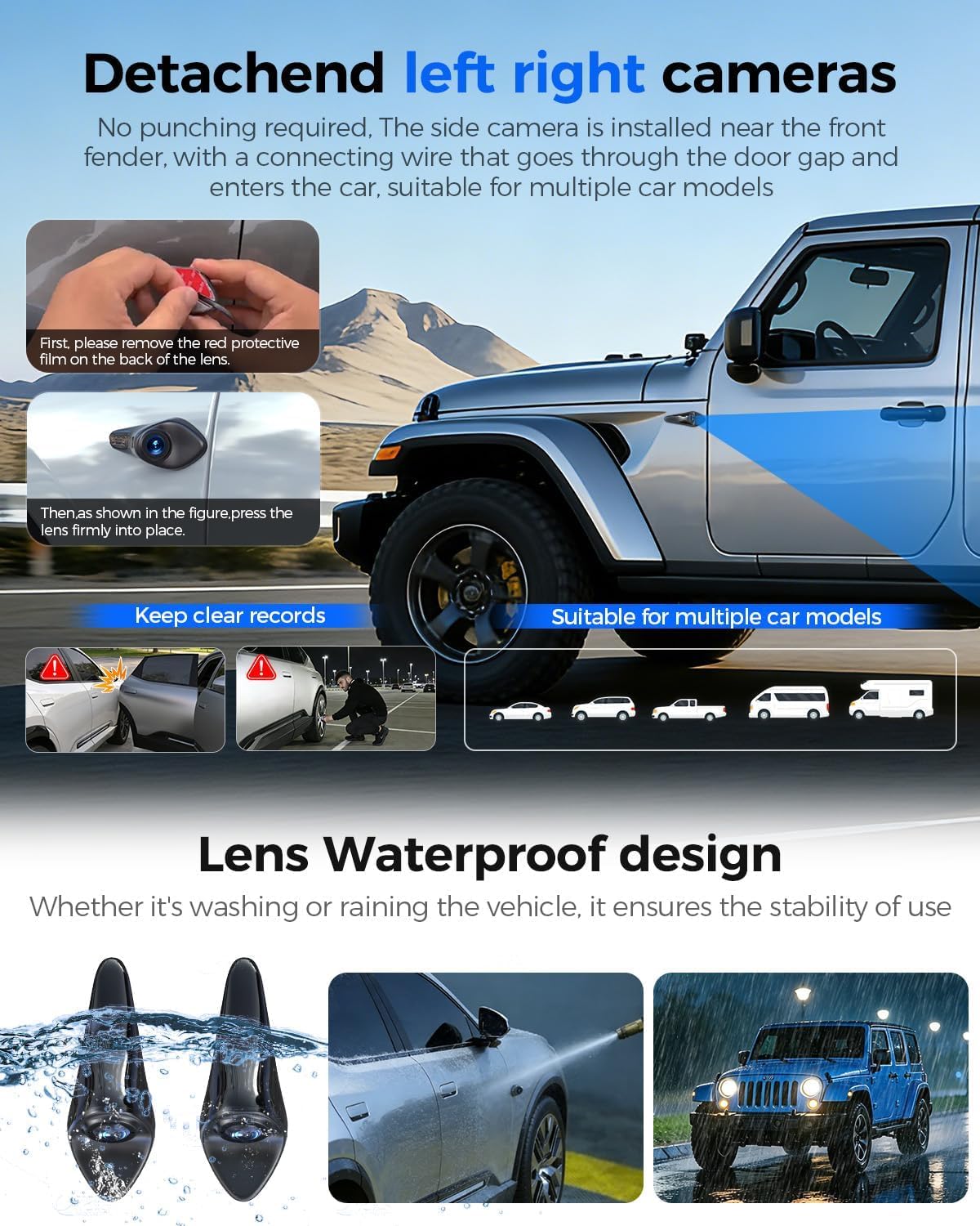 12'' Rear View Mirror Camera,4 Channel Mirror Dash Cam Detached Camera for Cars，1080P Front Rear Left Right Dash Camera for Car with 128GB Card, Night Vision, G-Sensor