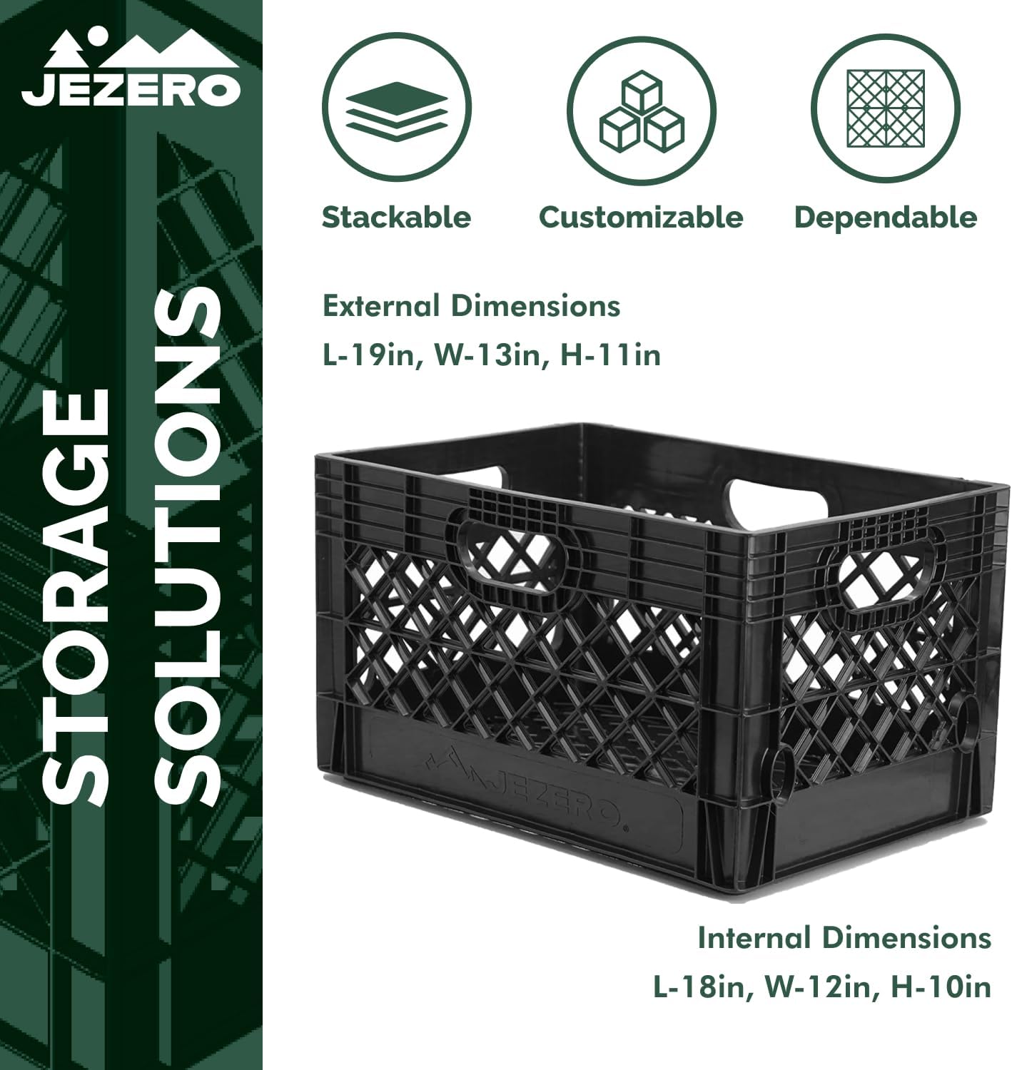JEZERO 24 Quart Heavy Duty Plastic Crate | Stackable Multi-Purpose Storage Bin for Garage, Home, Office, Groceries, Outdoor, Camping & Kayaking | Black Utility Tote, 19" x 13" x 11"