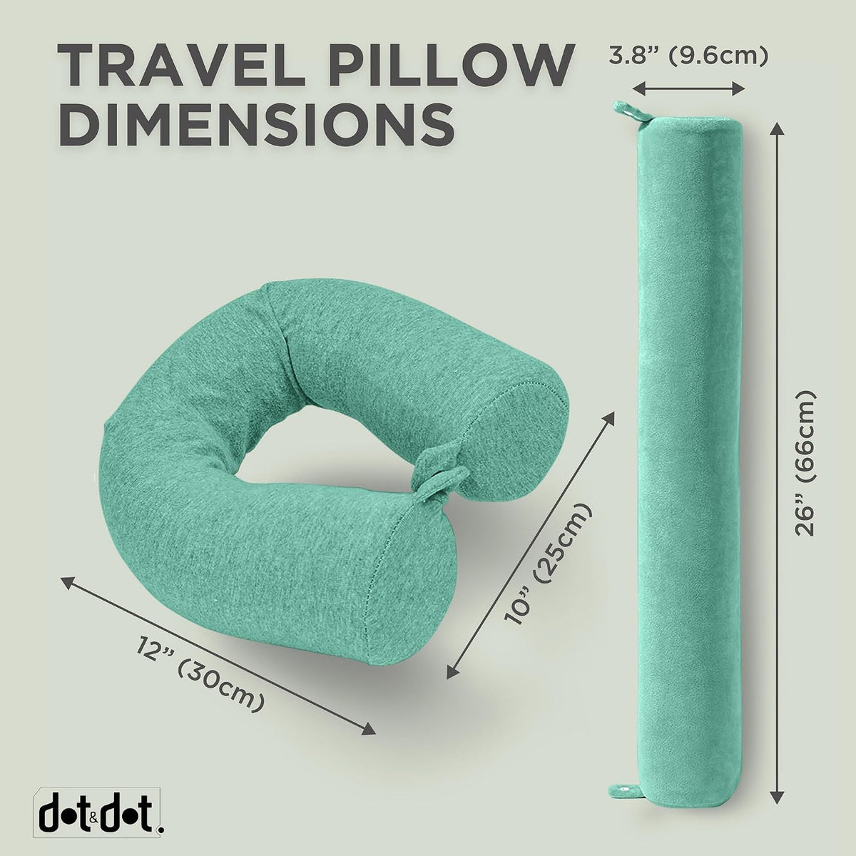 Dot&Dot Twist Memory Foam Travel Pillow, Bendable Neck Pillow for Airplane, Car and Home, 26-Inch Adjustable Roll with Washable Cotton Cover, Green