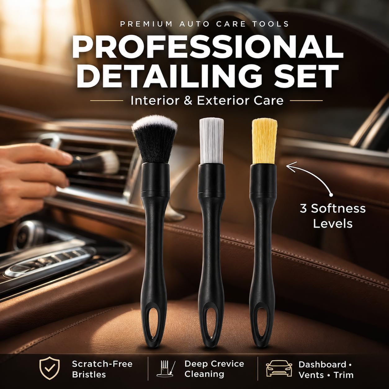 18PCS Car Detailing Kit Upgraded Boar Hair Scratch-Free Interior Cleaner | Dual-use auto&home kit with cleaning gel,2-in-1 vent brush,crevice/glass brushes&storage bag,perfect gift for car enthusiasts