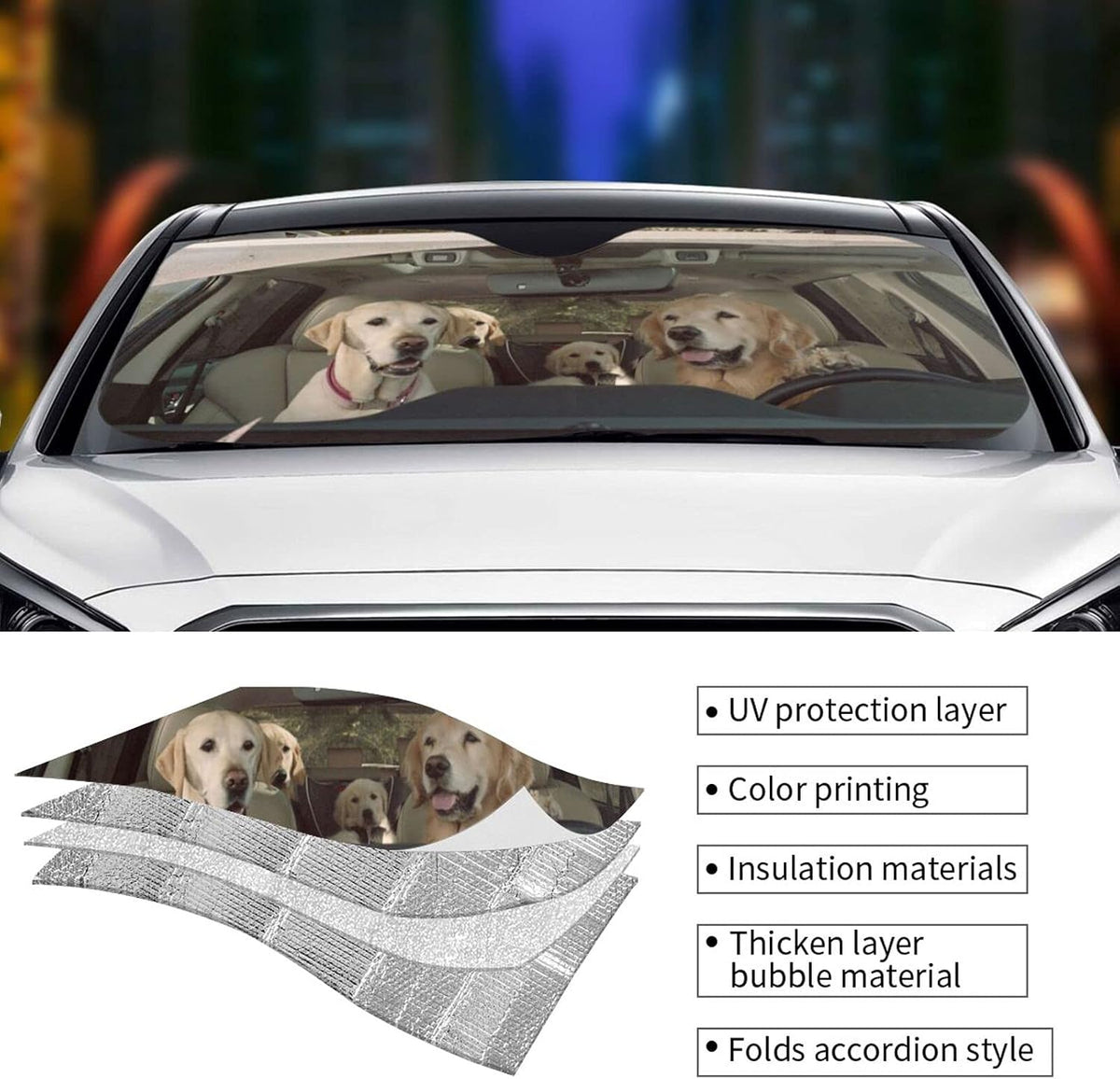 Two Dogs Driving Car Front Windshield Sun Shade,Auto Sunshade for Car Truck SUV - Blocks Uv Rays Sun Visor Protector (51" X 27.5"Inch,Upgrade Hardened)