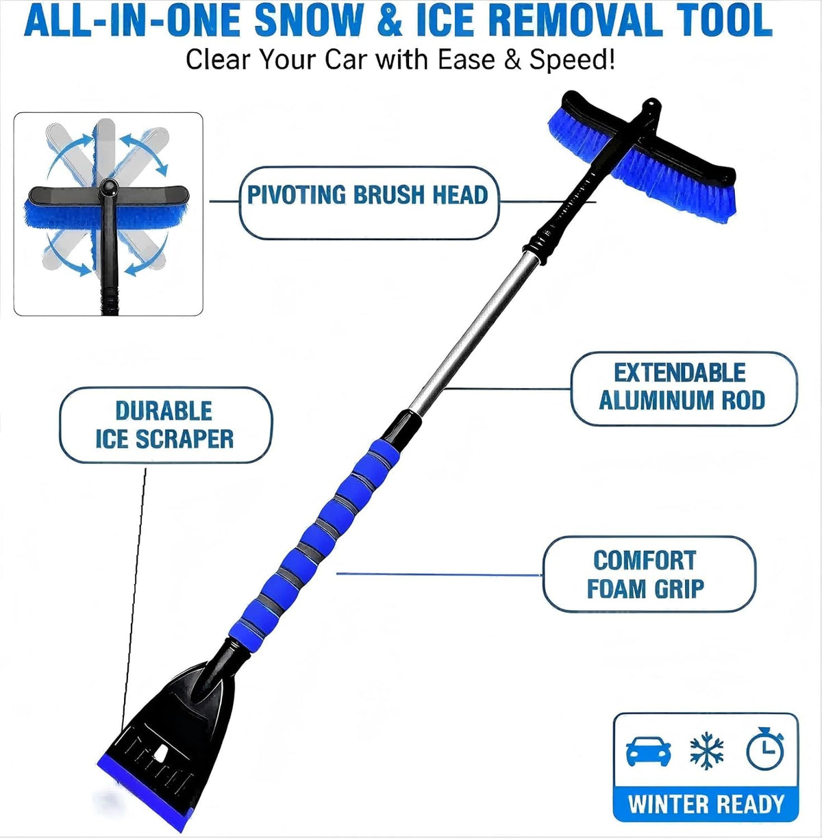 Snow Brush and Ice Scrapers for Car Windshield, 360° Pivoting Brush Head Detachable Snow Scrapers with Ergonomic Foam Grip;36inch Extendable Snow Brushs for SUV and truck SUV,Blue,Car Accessories