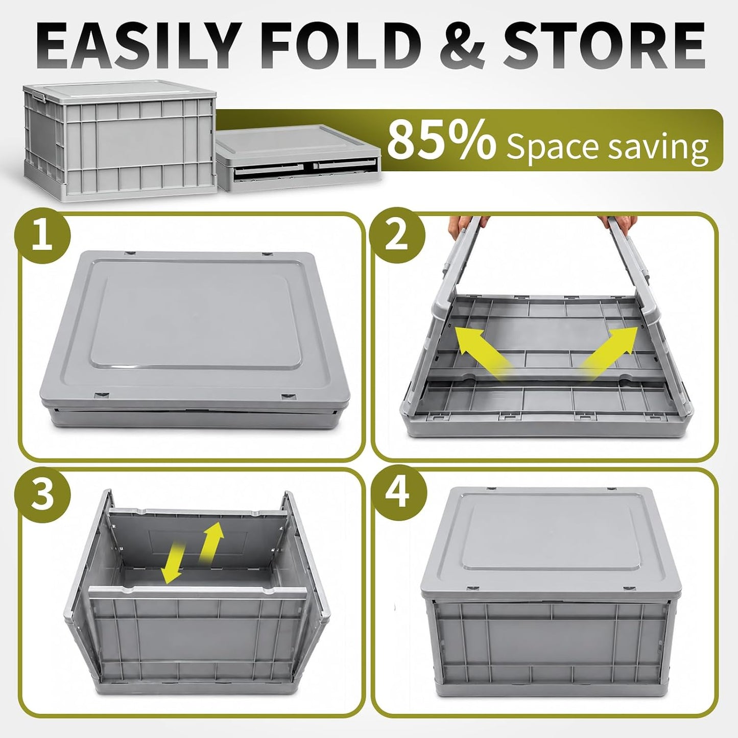 Stackable Storage Bins with Lids, 58L Collapsible Storage Bins with Wheels, Heavy Duty Folding Containers,Totes for Organizing Tools, Snacks, Books, Drinks, Camping & Transport (1 Pack)