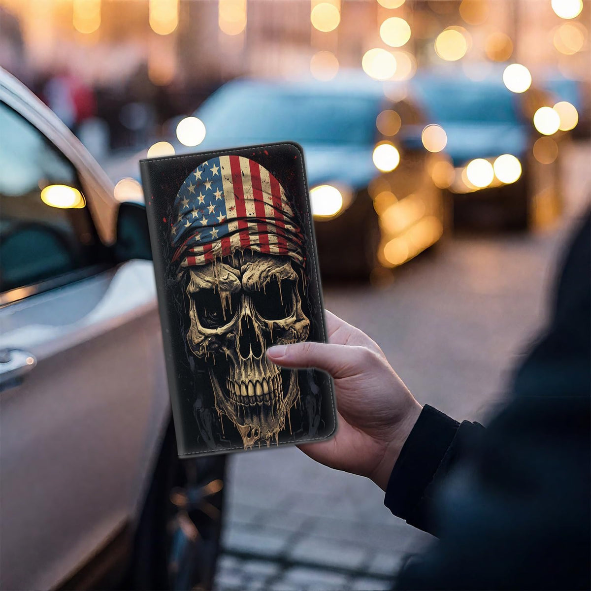 Car Document Holder with Magnetic Shut, Car Registration & Insurance Card Holder, Waterproof PU Leather Glove Box Organizer Vehicle Accessories Driver License for Women/Men, American Flag Skull