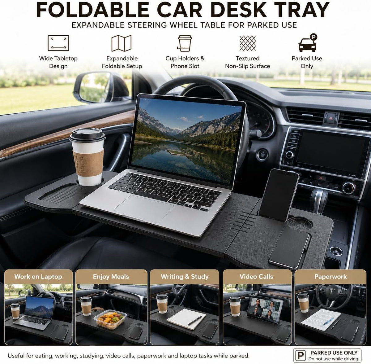 Foldable Car Desk Tray, Expandable Steering Wheel Table