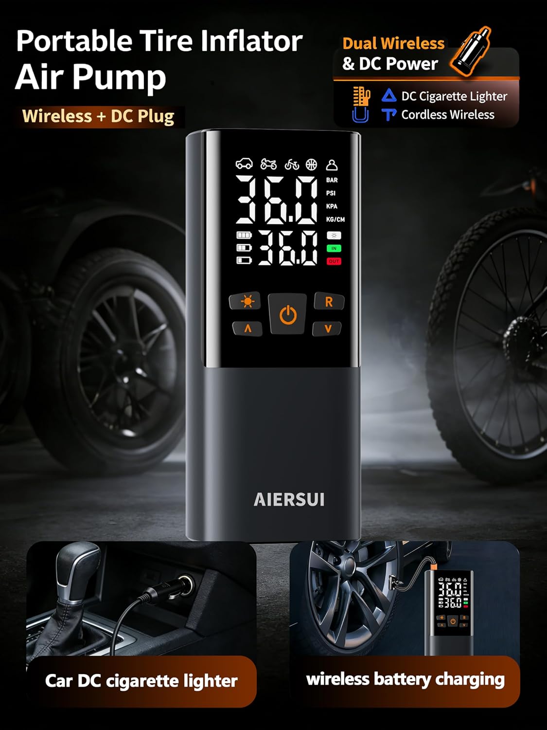 Tire Inflator Portable Air Compressor, Cordless 5-in-1 Smart Pump for Sedan/Motorcycle/Bike, 150PSI Auto-Stop, 6000mAh Power Bank, Lightweight with Digital Display, AS805