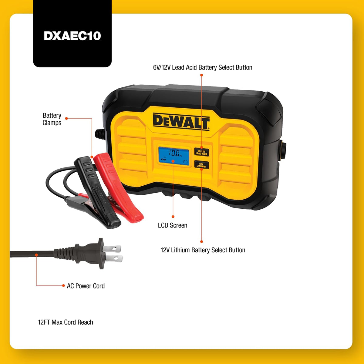 DeWalt DXAEC10 10 Amp Battery Charger for Vehicles