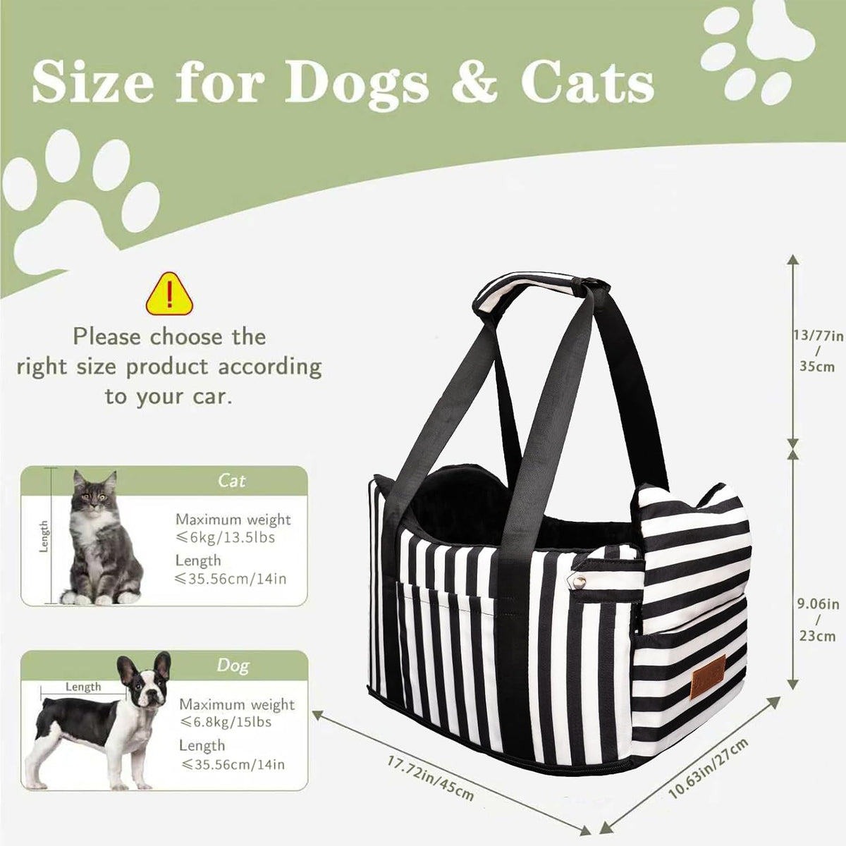 Dog Car Seat for Small Dogs Under 15 lbs – Center Console Pet Carrier with Safety Belt, Storage Pockets, Removable Washable Cover – B&W Stripes, Secure & Comfortable for Small Puppies/Cats