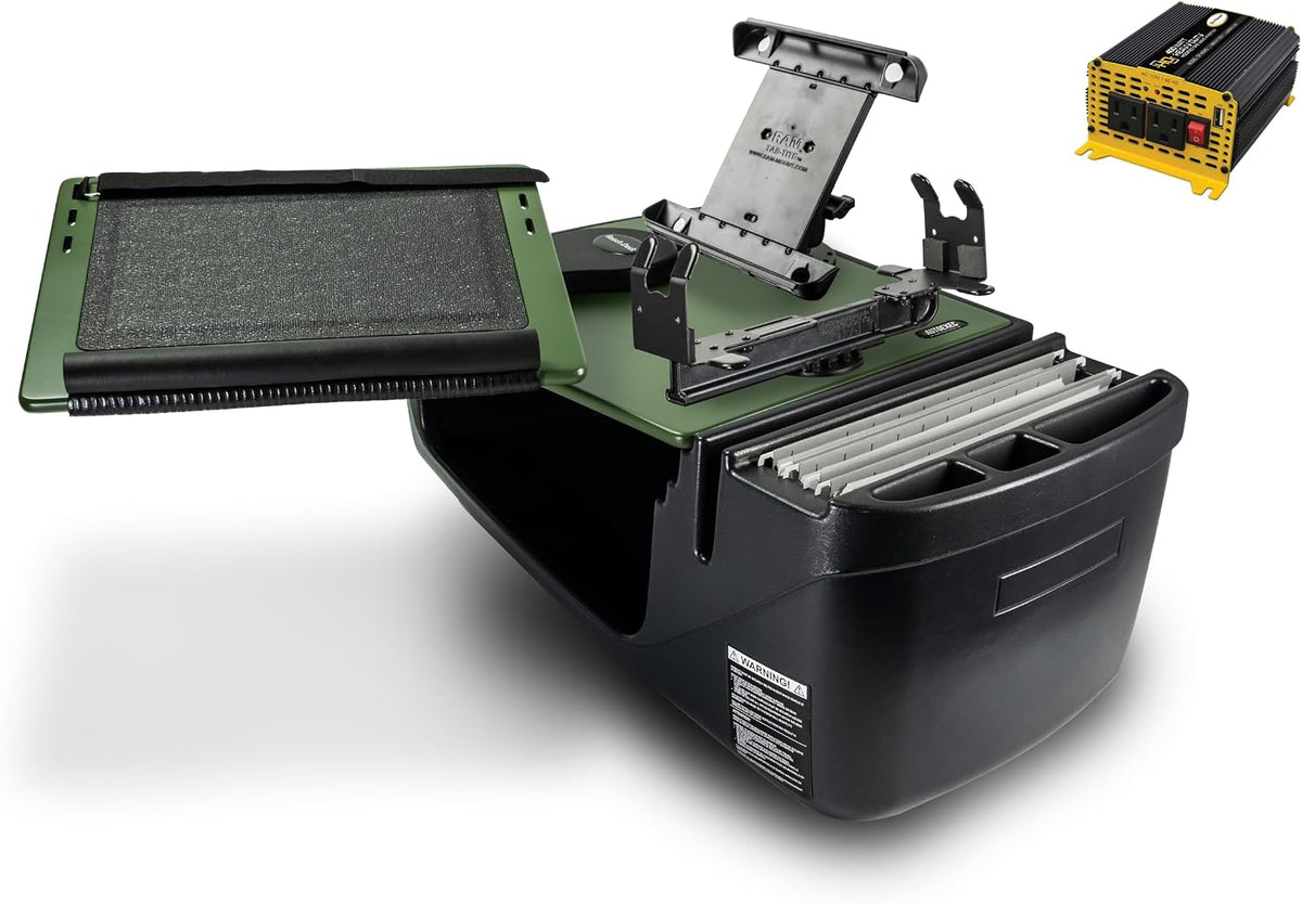 AutoExec Reach Car Desk for Your Vehicle Workstation and Mobile Office, Front Seat Army Green with 400 watt Power Inverter, Printer Stand and Tablet Mount