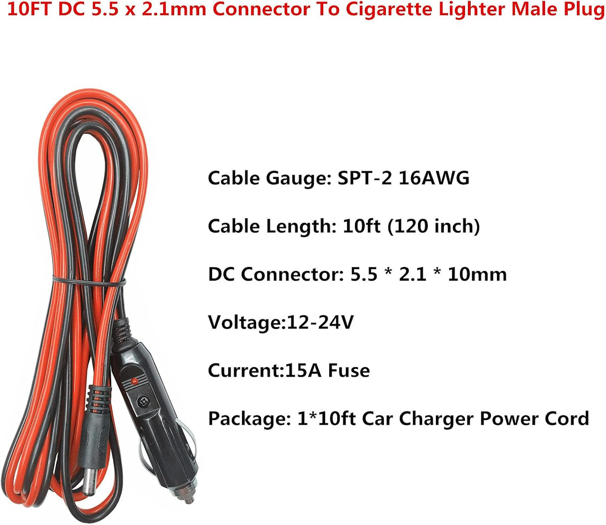 DC 5.5 x 2.1mm Connector Car Charger Power Supply Cord 10ft - 12v 24v Cigarette Lighter Male Plug with LED Light 16AWG Wire 15A Fuse for Portable DVD Player, Car, Camera