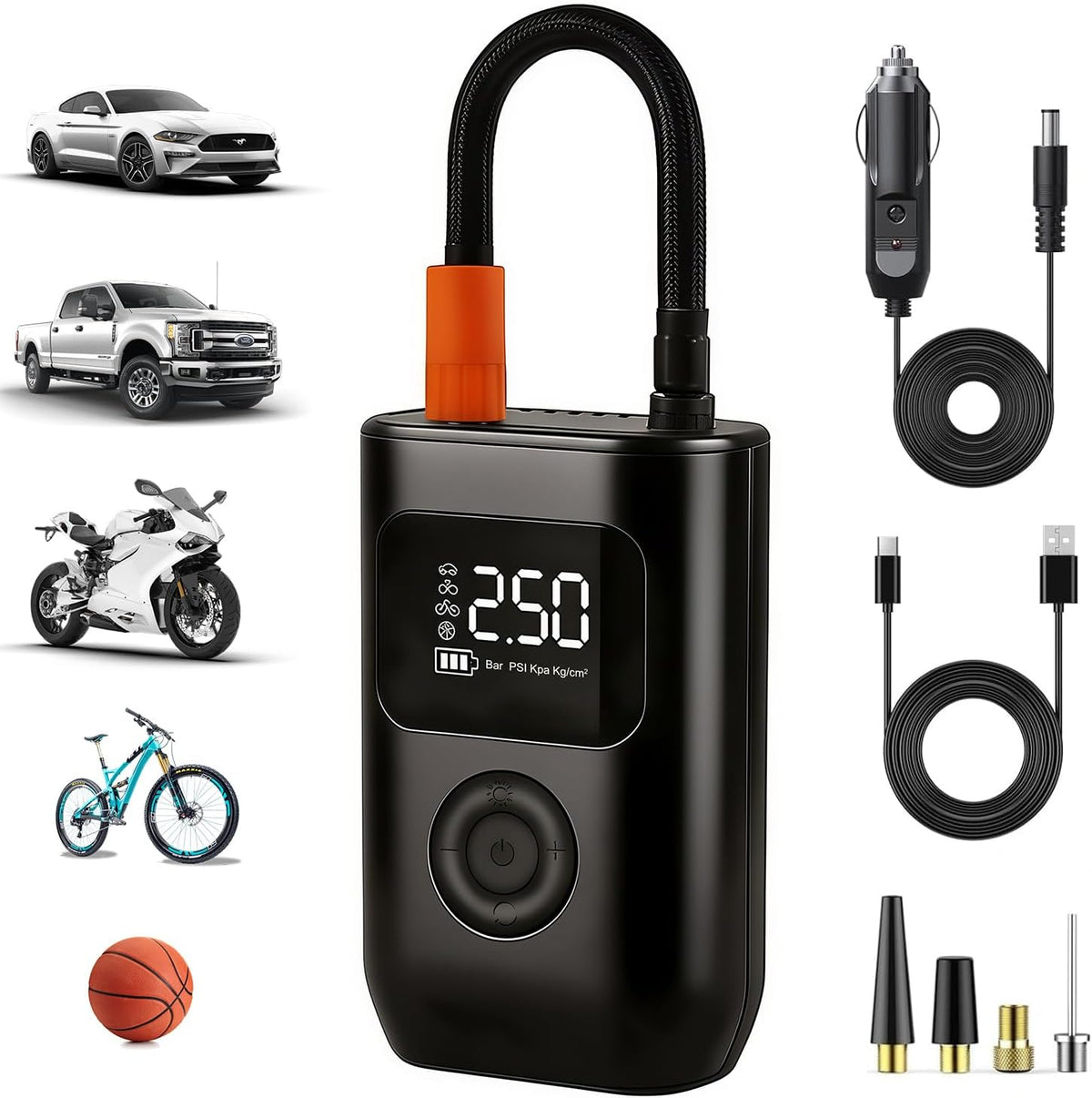 Portable Cordless Tire Inflator, Digital Air Compressor with LED Light, Auto Shut-Off, 4 Pressure Modes, Rechargeable, for Car, Bike, Ball