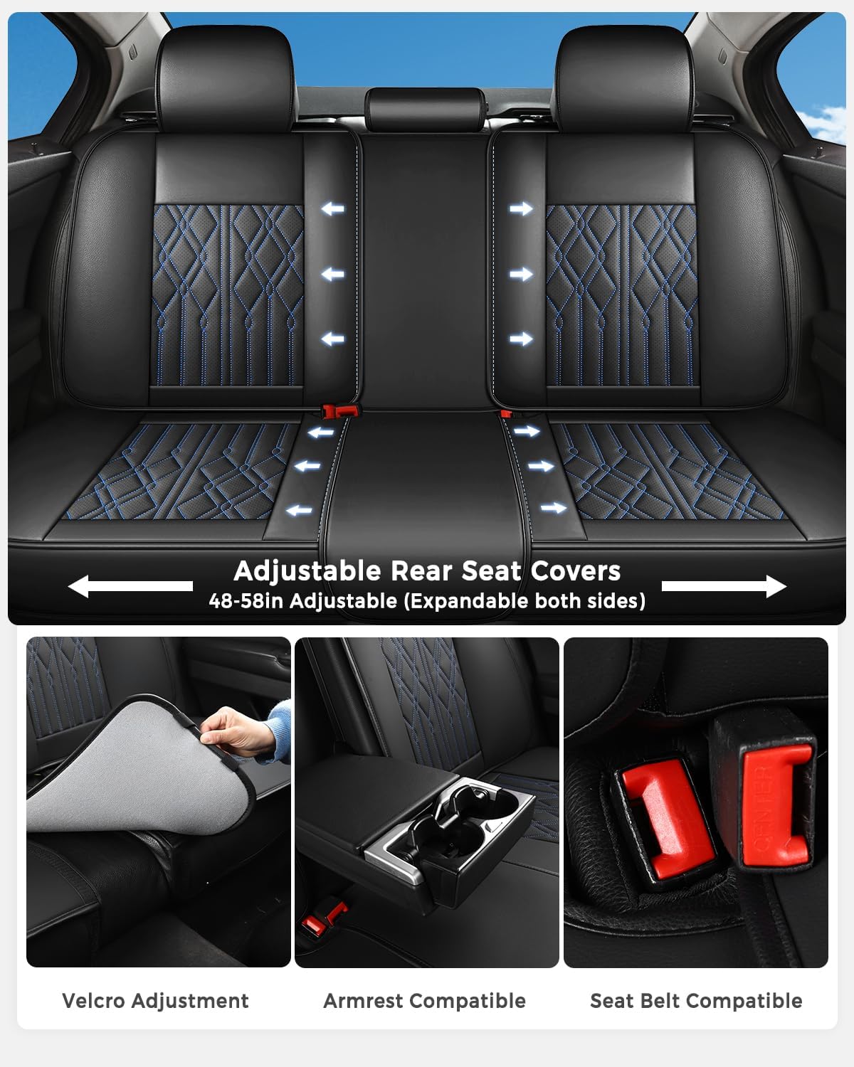 Huidasource Car Seat Covers Full Set, Leather Seat Cover Universal Fit for Most Cars Sedans SUVs Trucks, Airbag Compatible, Cup Holder Access, Easy Install, Wipes Clean, Wear-Resistant, Black&Blue