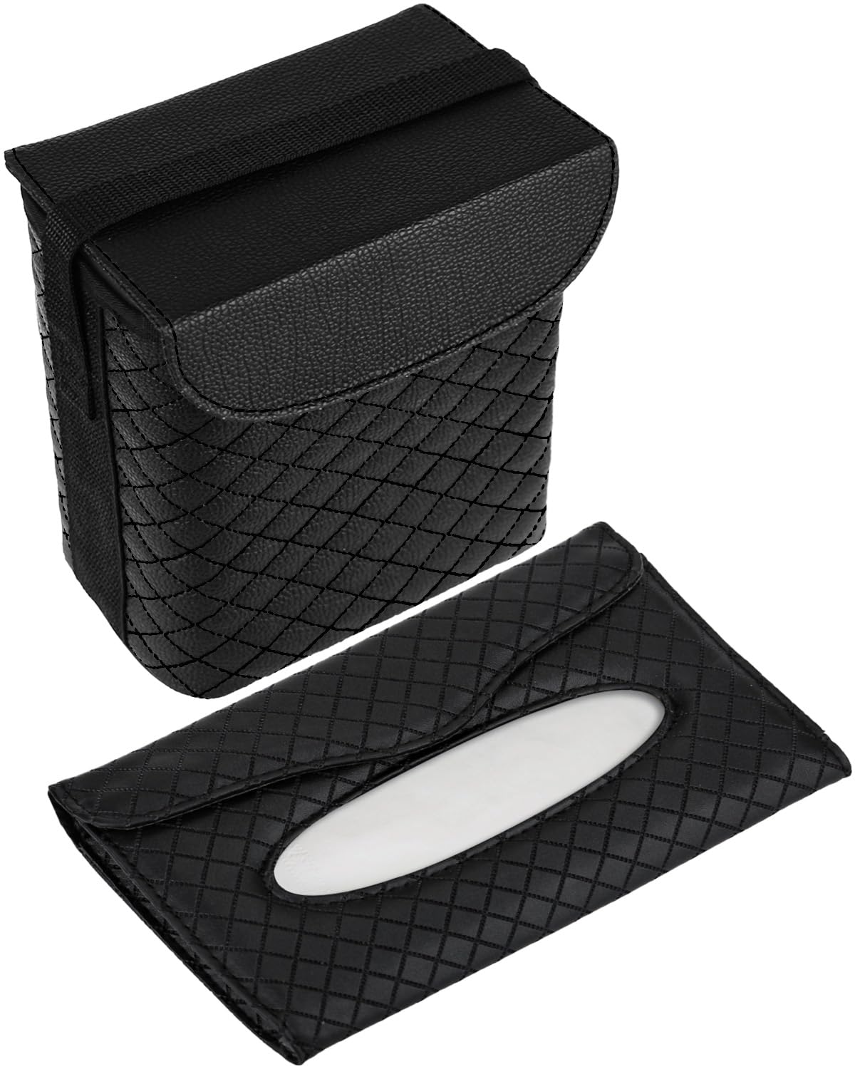 BELINOUS Leather Car Trash Can with Matching Tissue Holder | Waterproof and Leakproof, Mini Car Trash Can with Lid, Adjustable Strap, Small Garbage Bin