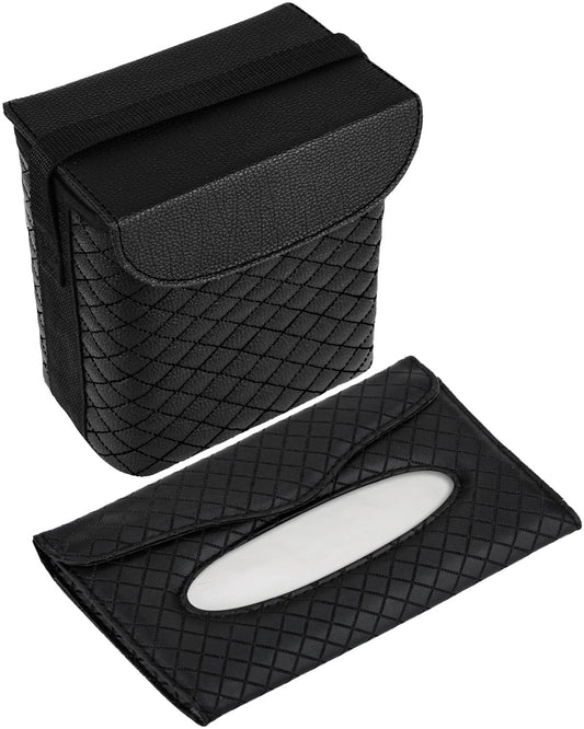 BELINOUS Leather Car Trash Can with Matching Tissue Holder | Waterproof and Leakproof, Mini Car Trash Can with Lid, Adjustable Strap, Small Garbage Bin