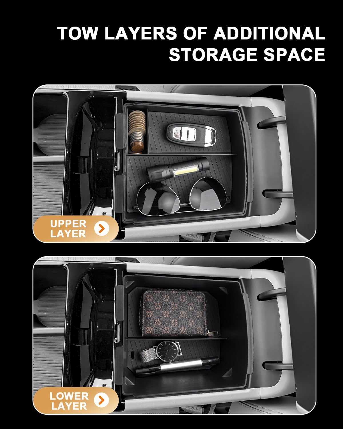 ECOZEN Double-Layer Center Console Organizer For 2025-2026 Hyundai Tucson(Limited)/2025-2026 Tucson Hybrid/Tucson Plug-in Hybrid Armrest Organizer - ONLY Fit 2025-2026 Tucson With Electronic Shift